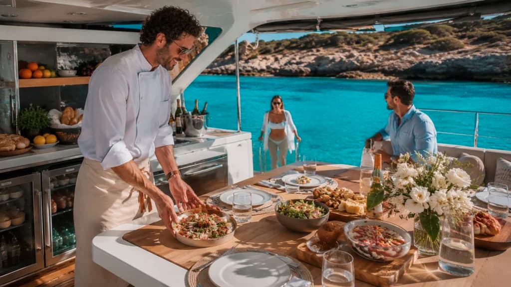Kosher private chef preparing an elegant onboard meal for guests aboard a luxury yacht